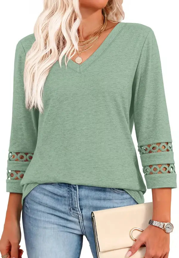 2025 New Womens 3/4 Length Sleeve Tops Trendy V Neck T Shirts